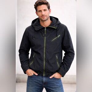 Y2K Diesel Rare Full Zip Technical Jacket Hooded Windbreaker Black Green